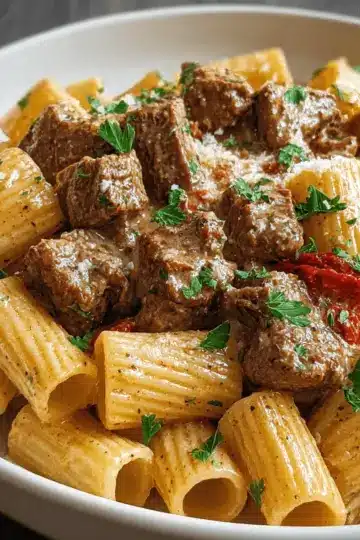 Creamy Parmesan Beef with Rigatoni Pasta