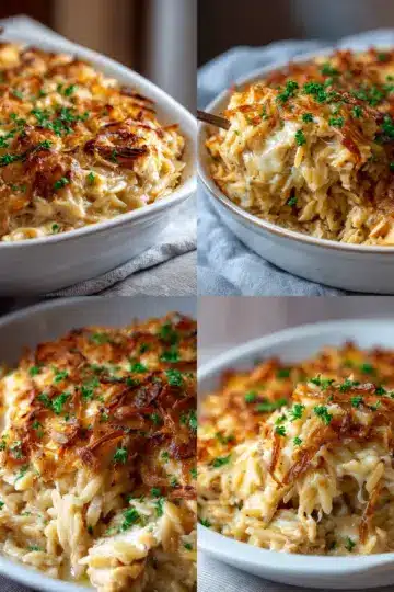 French Onion Chicken Orzo Casserole