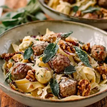 Winter Pasta with Mushrooms, Sausage Meatballs, Walnuts & Crispy Sage