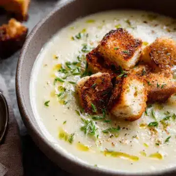 Roasted Garlic Potato Soup with Grilled Cheese Croutons