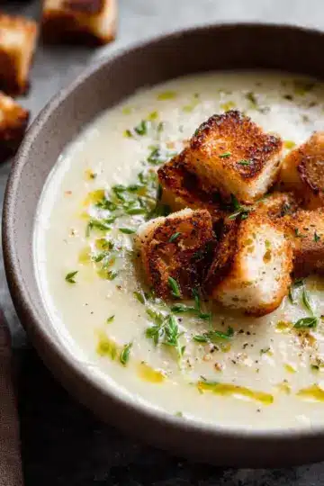 Roasted Garlic Potato Soup with Grilled Cheese Croutons