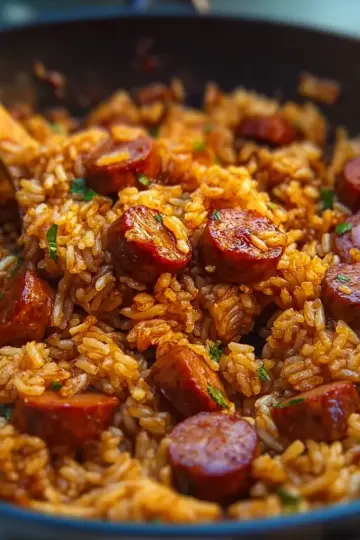 One Pan Sweet and Tangy Barbecue Sausage Rice Recipe