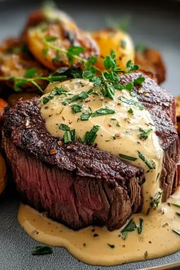 Rinderfilet mit Knoblauch-Dijon-Sahnesauce genießen